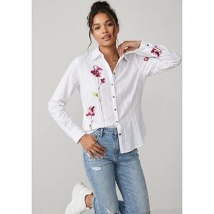Chicos Watercolor Button Up Blouse Size 1 White Floral Artsy Boho Fairy